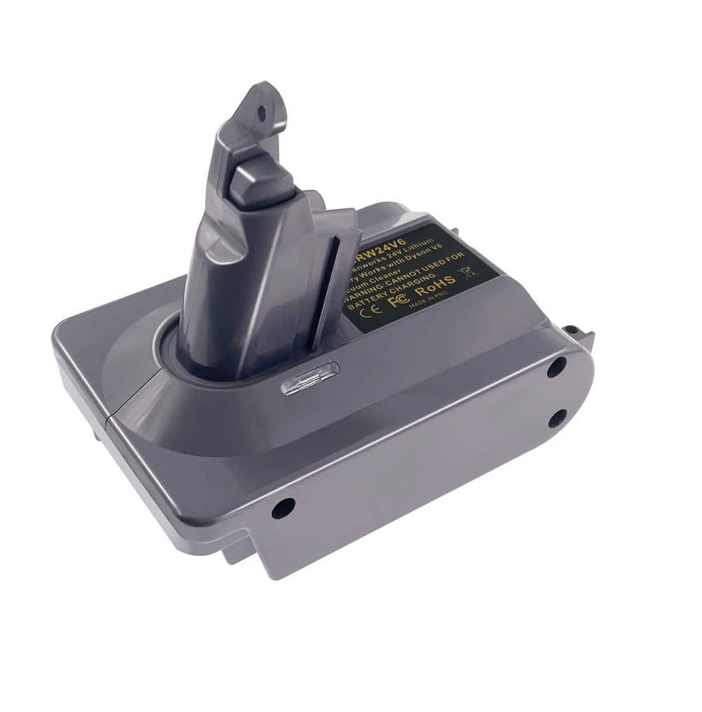 Greenworks 24V to Dyson V6 battery adapter - Dyson tool-side connection, hooked post and the warning label on the body