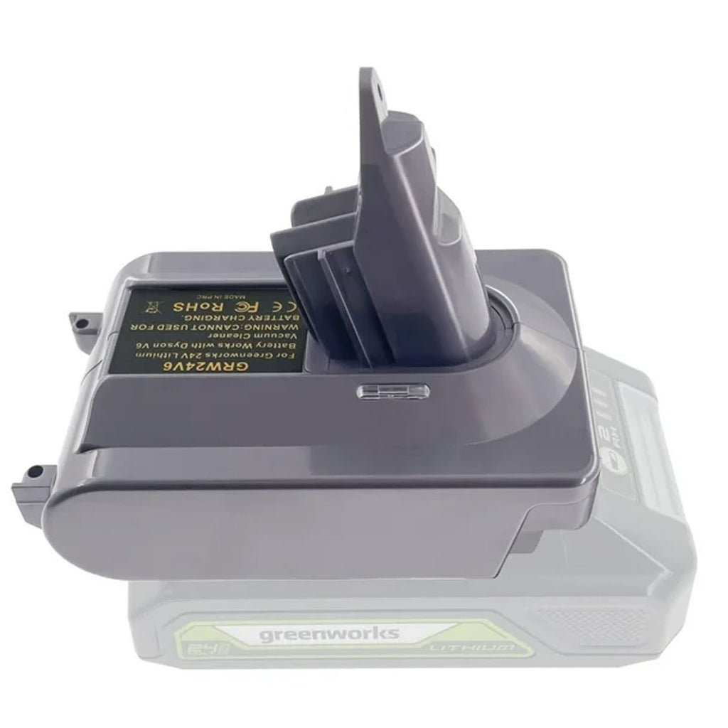 Greenworks 24V to Dyson V6 battery adapter - fitted to the Greenworks 24V battery, Dyson tool-side post upward