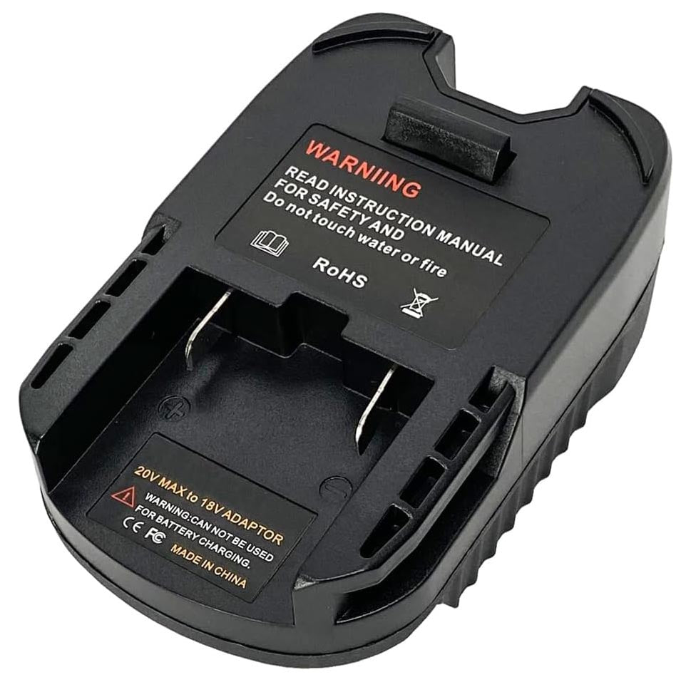 Makita 18V LXT to RIDGID 18V battery adapter - tool-side channel with the rail contacts and warning label