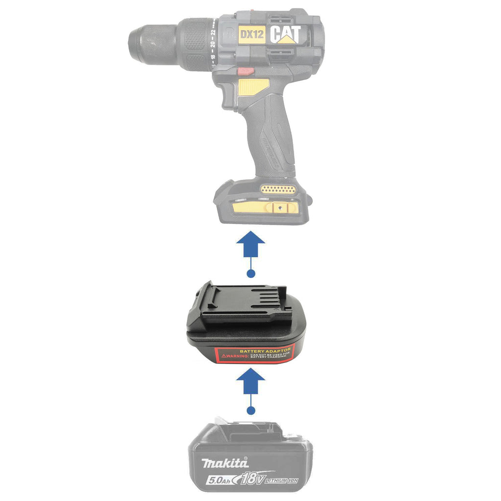 Makita 18V LXT to CAT 18V battery adapter - compatibility diagram showing battery, adapter and drill driver
