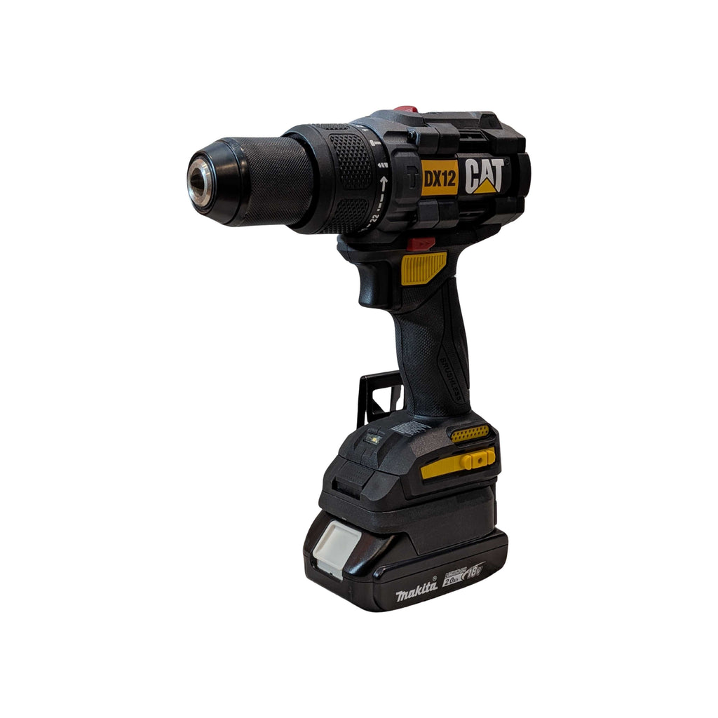 Makita 18V LXT to CAT 18V battery adapter - installed on a drill driver with the battery fitted below