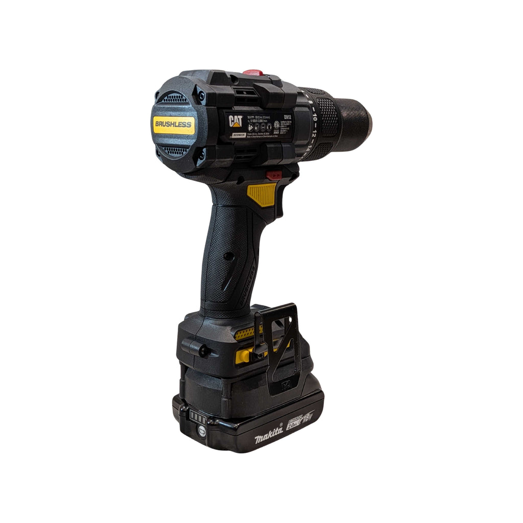 Makita 18V LXT to CAT 18V battery adapter - rear view installed on a drill driver with the battery fitted below