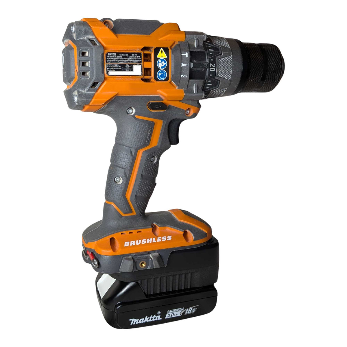 Makita 18V LXT to RIDGID 18V battery adapter - installed on a RIDGID drill, rear view