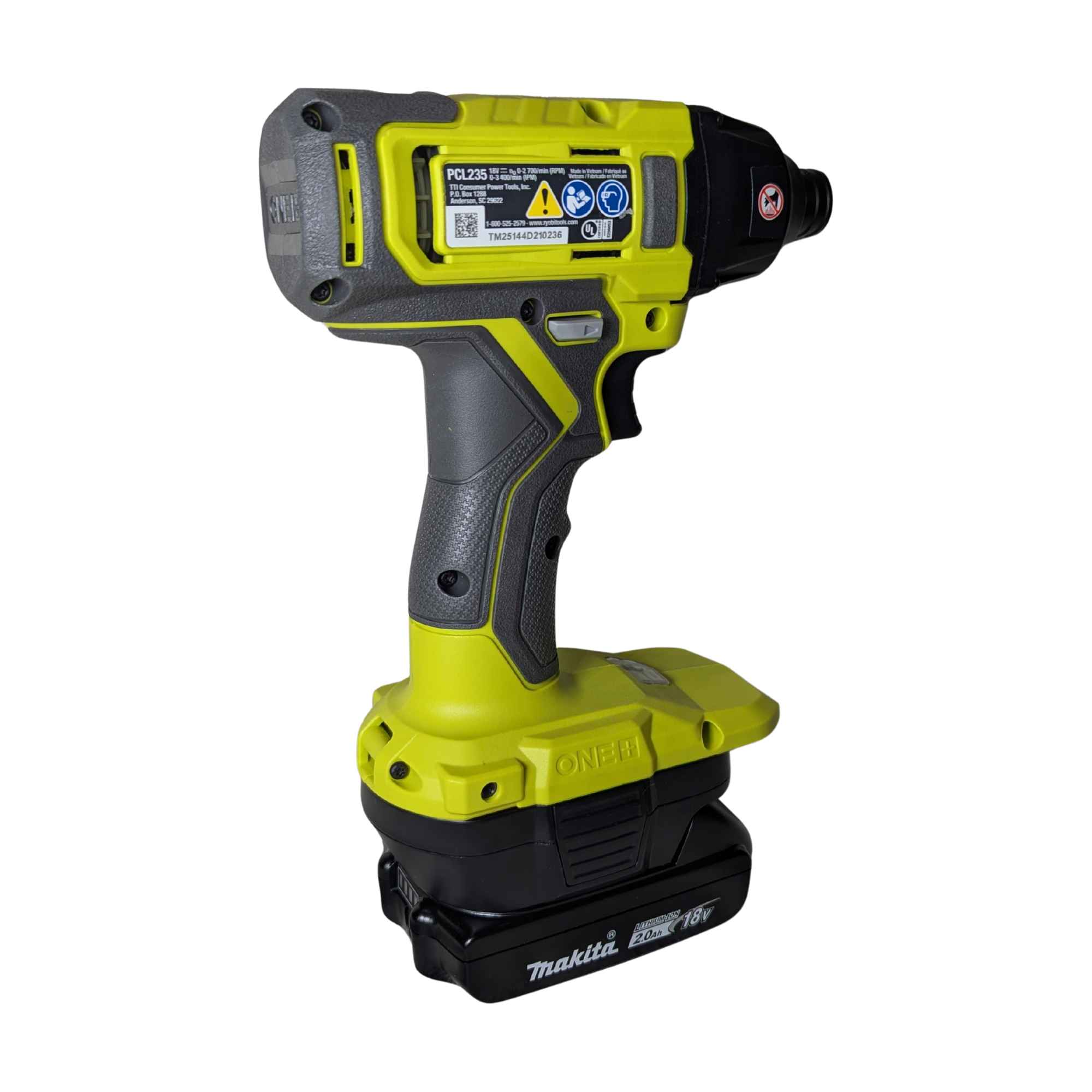 Makita 18V LXT to Ryobi 18V ONE+ battery adapter - installed on a Ryobi impact driver, rear view