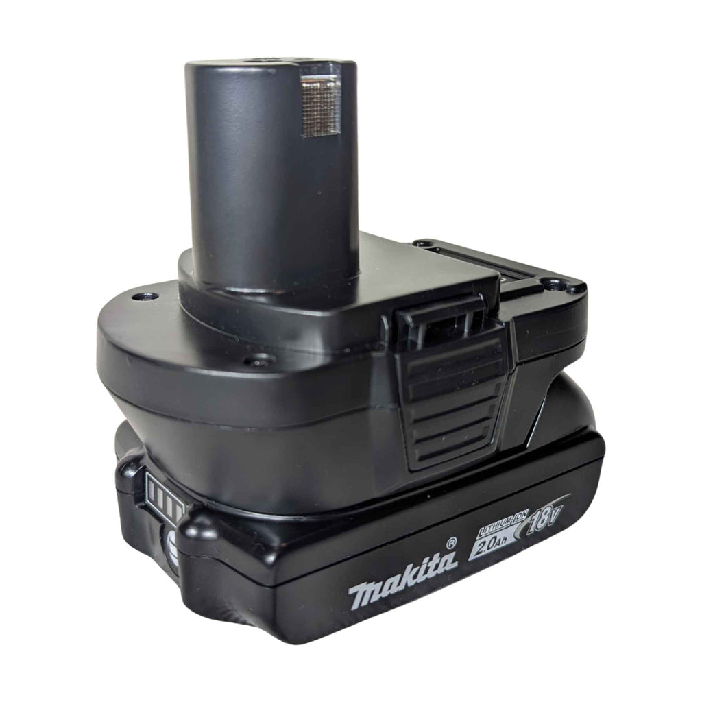 Makita 18V LXT to Ryobi 18V ONE+ battery adapter - fitted to the Makita 18V LXT battery, Ryobi post upright and release catch