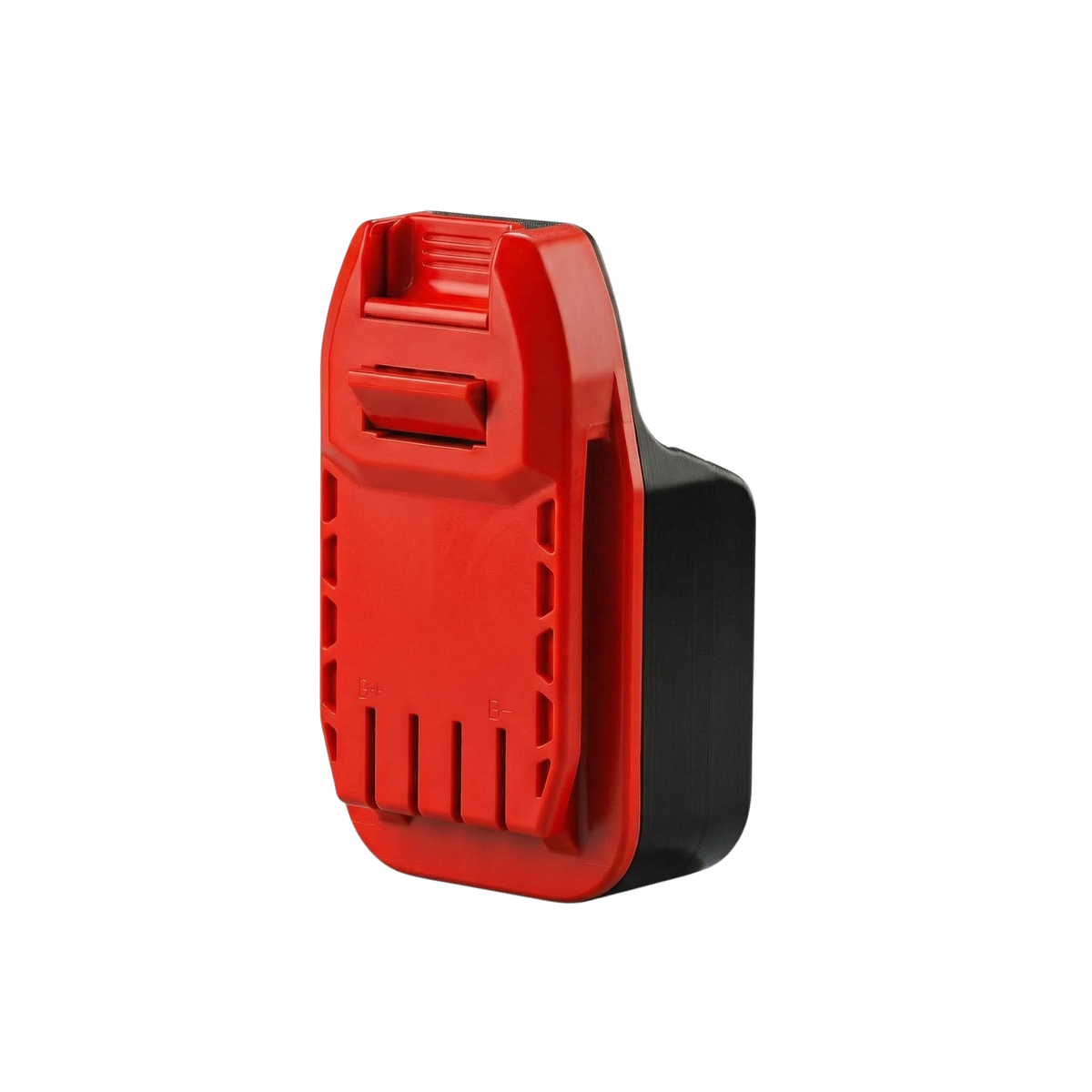 Masterforce 20V to Craftsman 20V battery adapter - Craftsman tool-side connection face-on, terminal slots with polarity marks