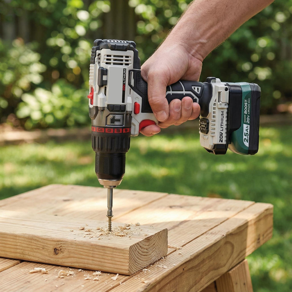 Masterforce 20V to Porter Cable 20V battery adapter - installed on a hammer drill driving a screw, seated on a battery pack