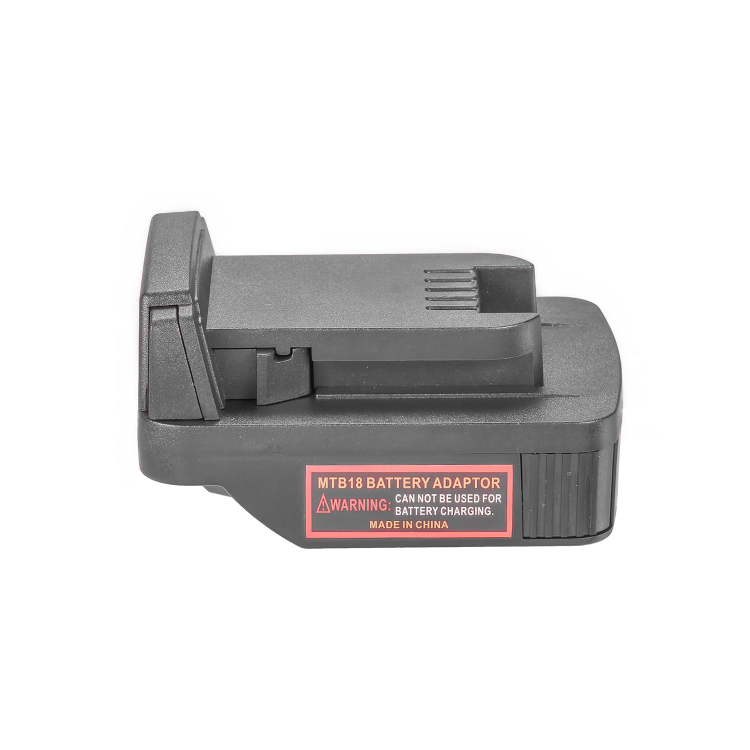 Metabo CAS 18V to Milwaukee M18 battery adapter - Milwaukee tool-side connection in profile, terminal slots, warning label