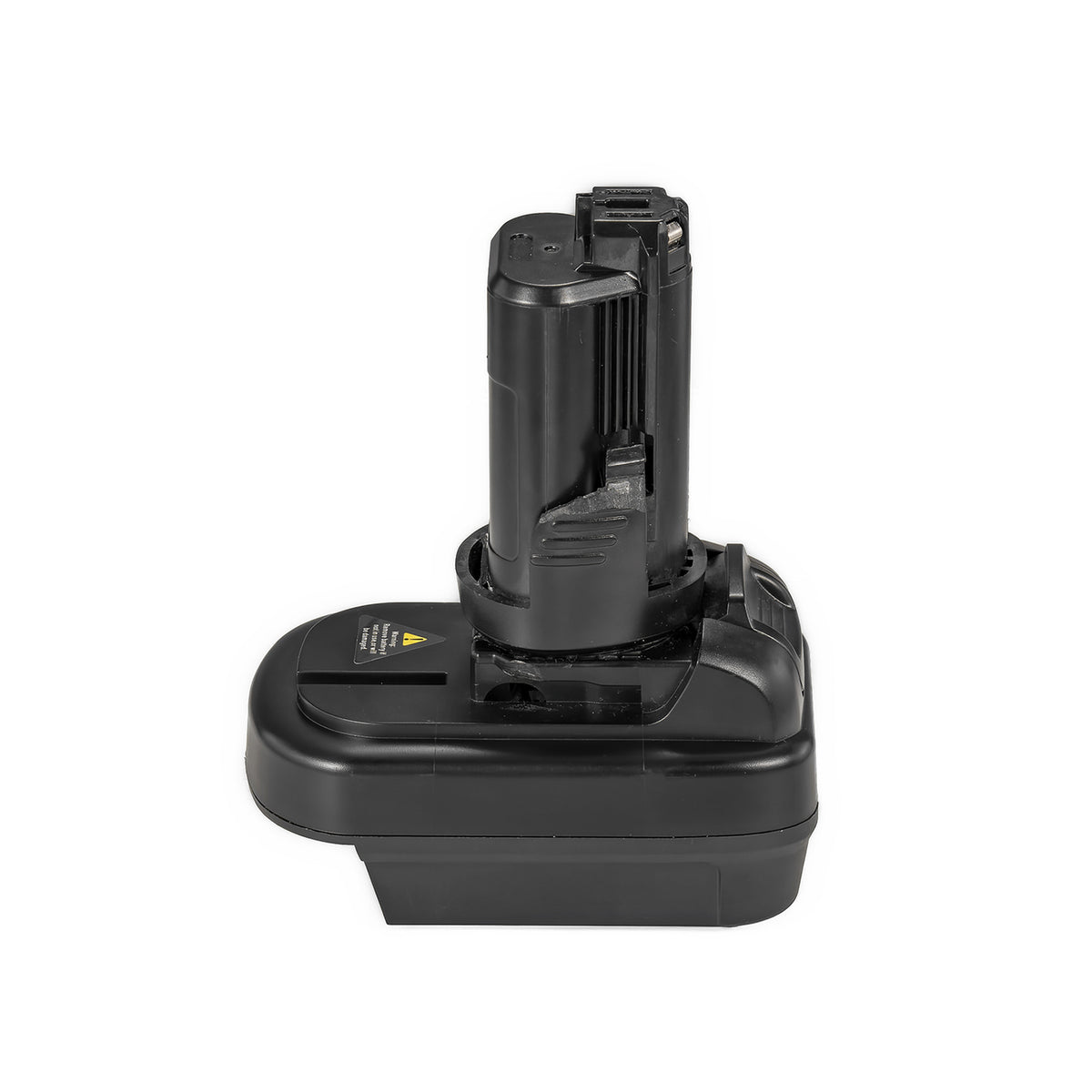 Milwaukee M18 to Bosch 12V battery adapter - front view, tool-side stem centred above the body