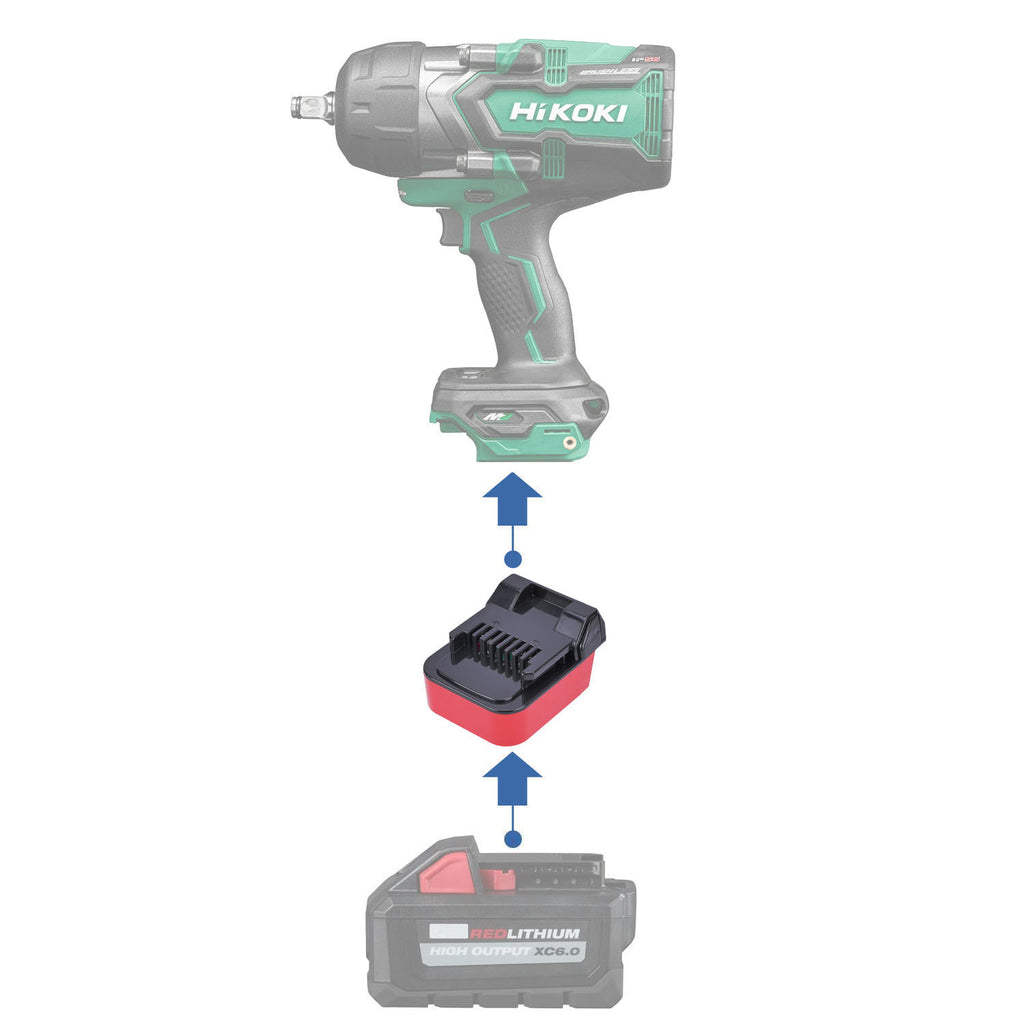 Milwaukee M18 to Hikoki 18V battery adapter - compatibility diagram showing battery, adapter and impact wrench