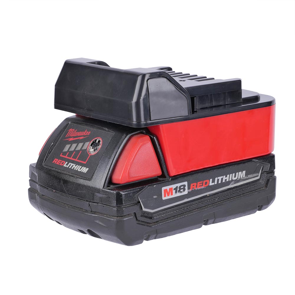 Milwaukee M18 to Hikoki 18V battery adapter - fitted to the Milwaukee M18 battery, Hikoki tool-side connection upward