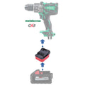 Milwaukee M18 to Metabo HPT 18V battery adapter - compatibility diagram showing battery, adapter and hammer drill