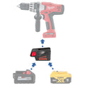Milwaukee M18 to Milwaukee V18 Ni-Cd battery adapter - compatibility diagram showing battery, adapter and drill