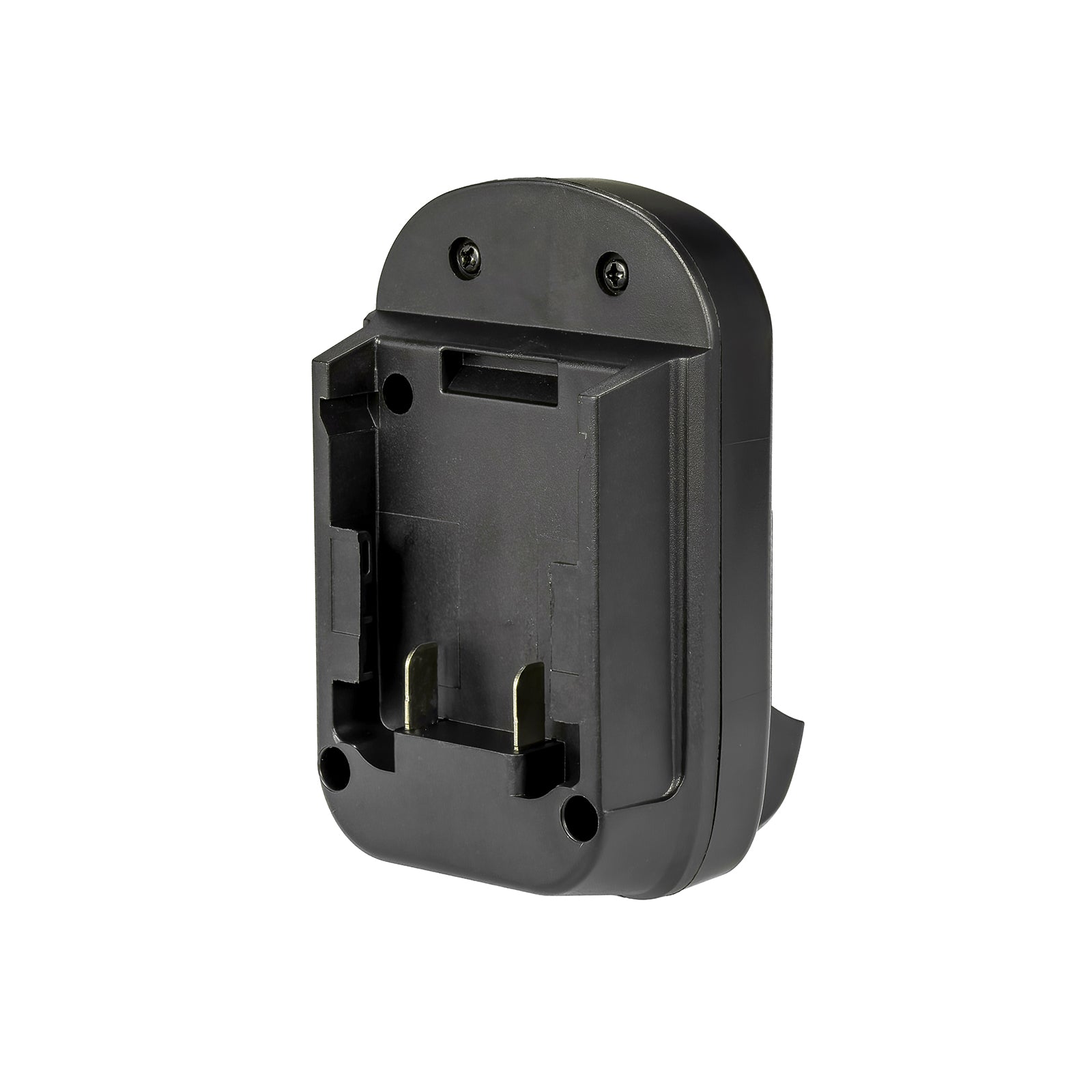 Milwaukee M18 to DeWalt 12V MAX battery adapter - battery-side connection, two upright terminal blades and latch slot