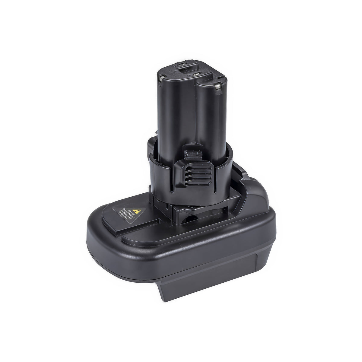 Milwaukee M18 to Makita 10.8V CXT battery adapter - Makita tool-side post upward, warning label on the base top face