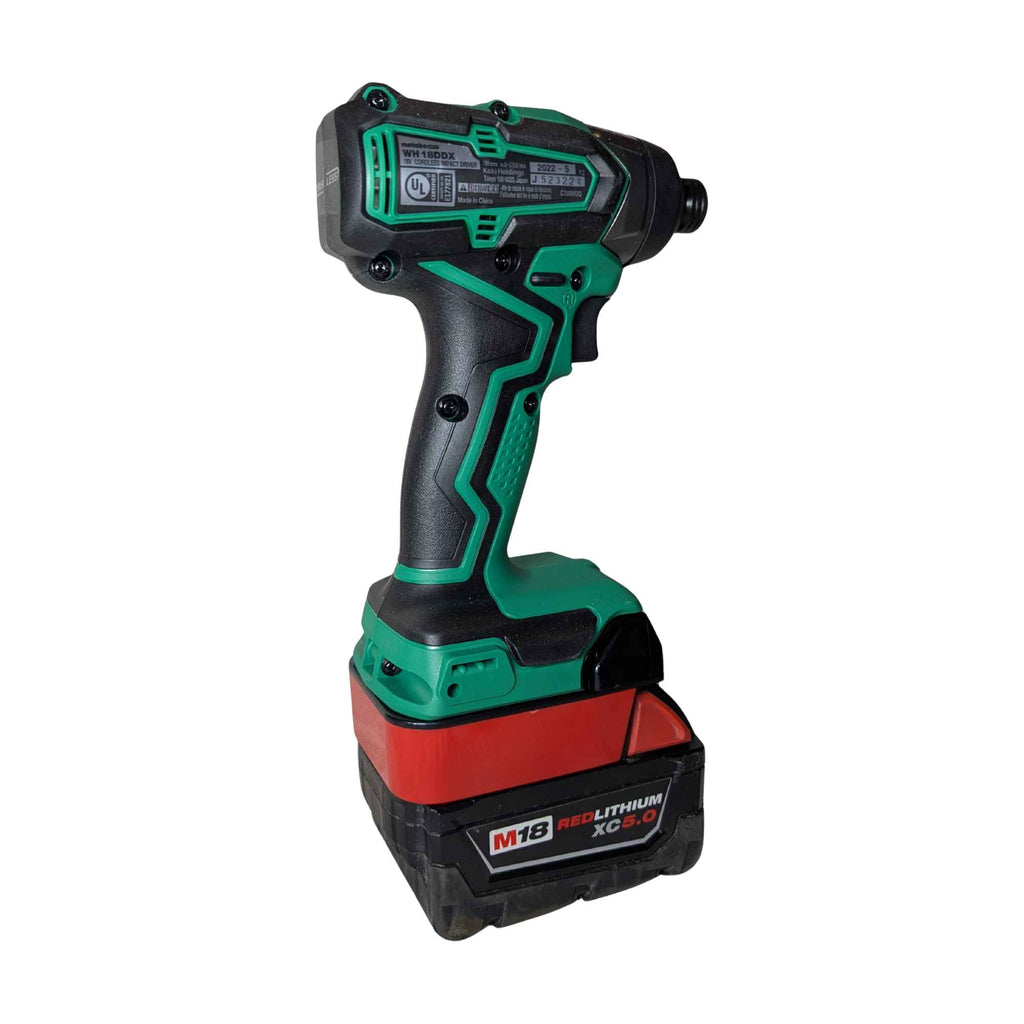 Milwaukee M18 to Metabo HPT 18V battery adapter - installed on a Metabo HPT impact driver, rear view