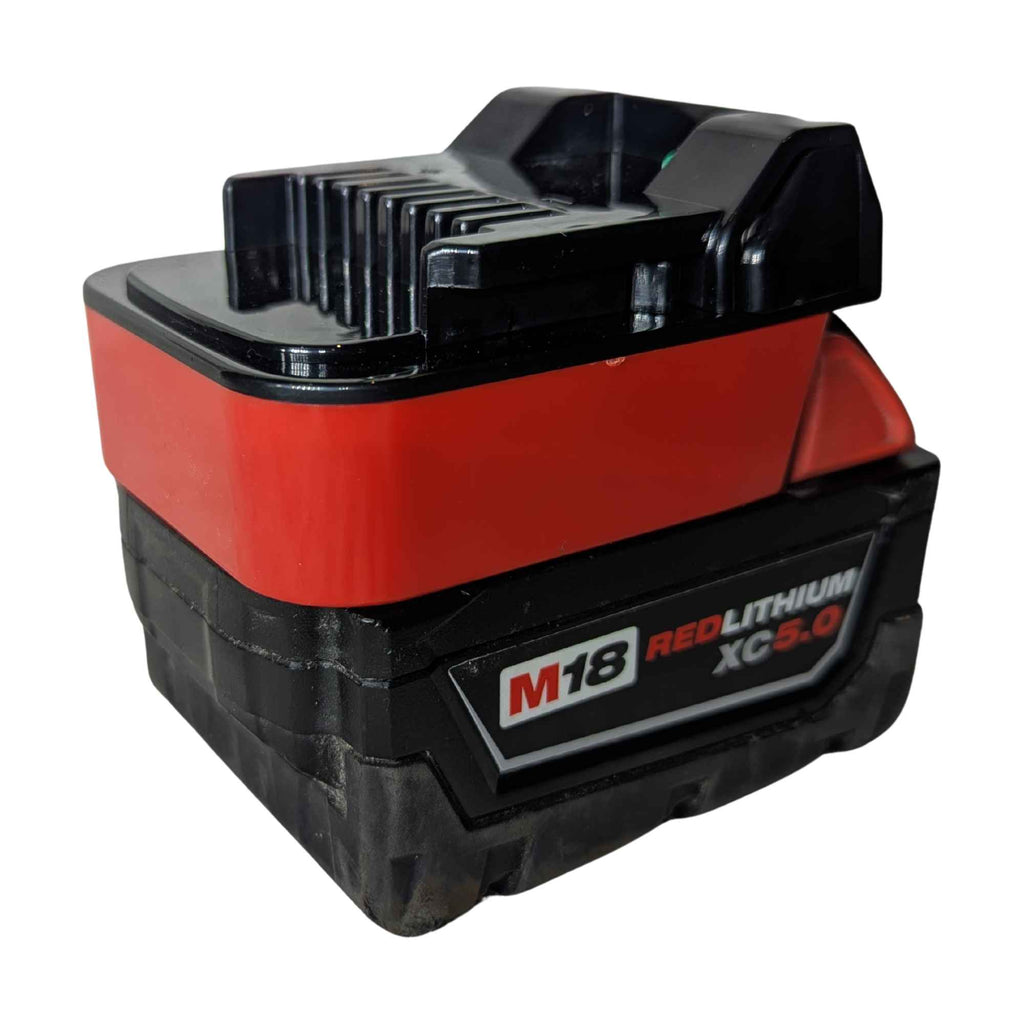 Milwaukee M18 to Metabo HPT 18V battery adapter - fitted to the Milwaukee M18 battery, terminal fins and release catch