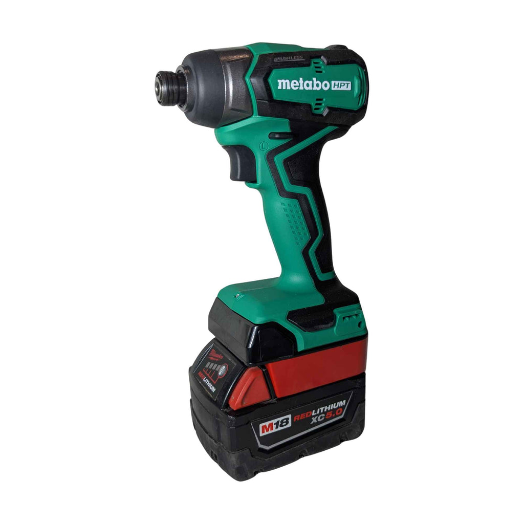 Milwaukee M18 to Metabo HPT 18V battery adapter - installed on a Metabo HPT impact driver with the Milwaukee battery attached