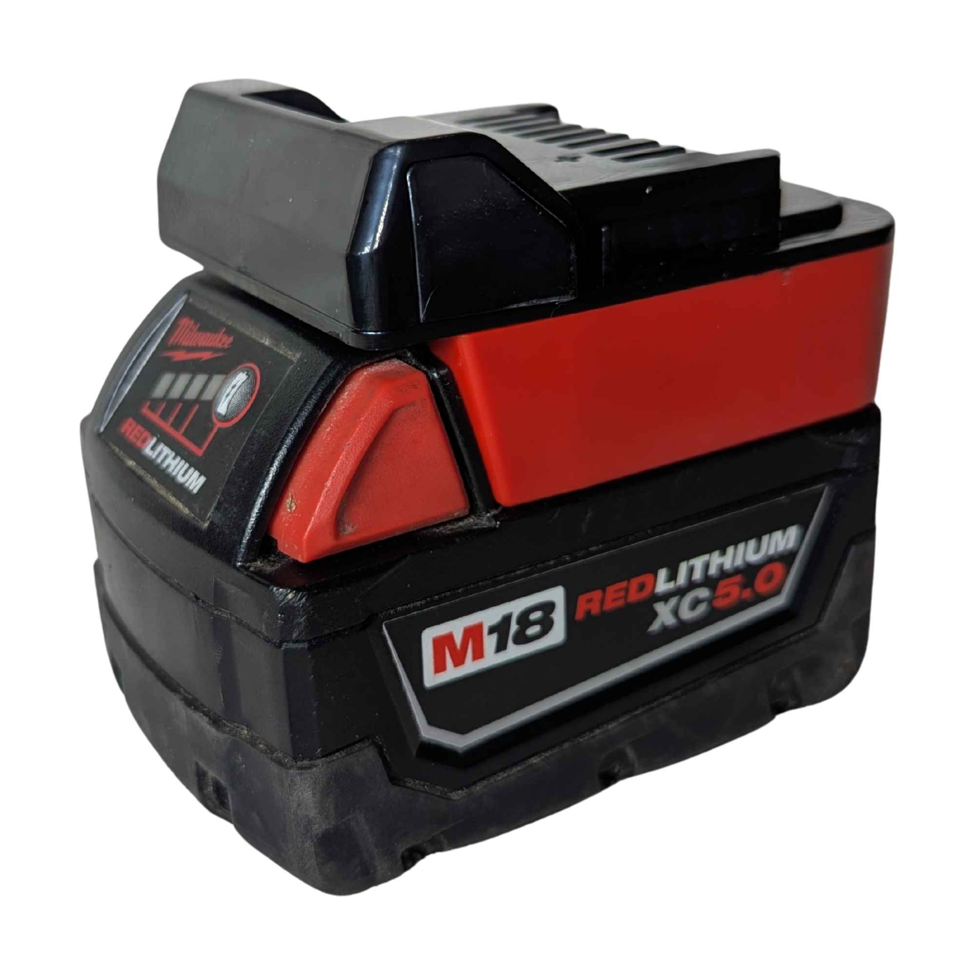 Milwaukee M18 to Metabo HPT 18V battery adapter - fitted to the Milwaukee M18 battery, tool-side block facing up