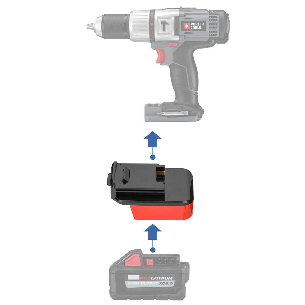 Milwaukee M18 to Porter Cable 18V Ni-Cd battery adapter - compatibility diagram showing battery, adapter and hammer drill