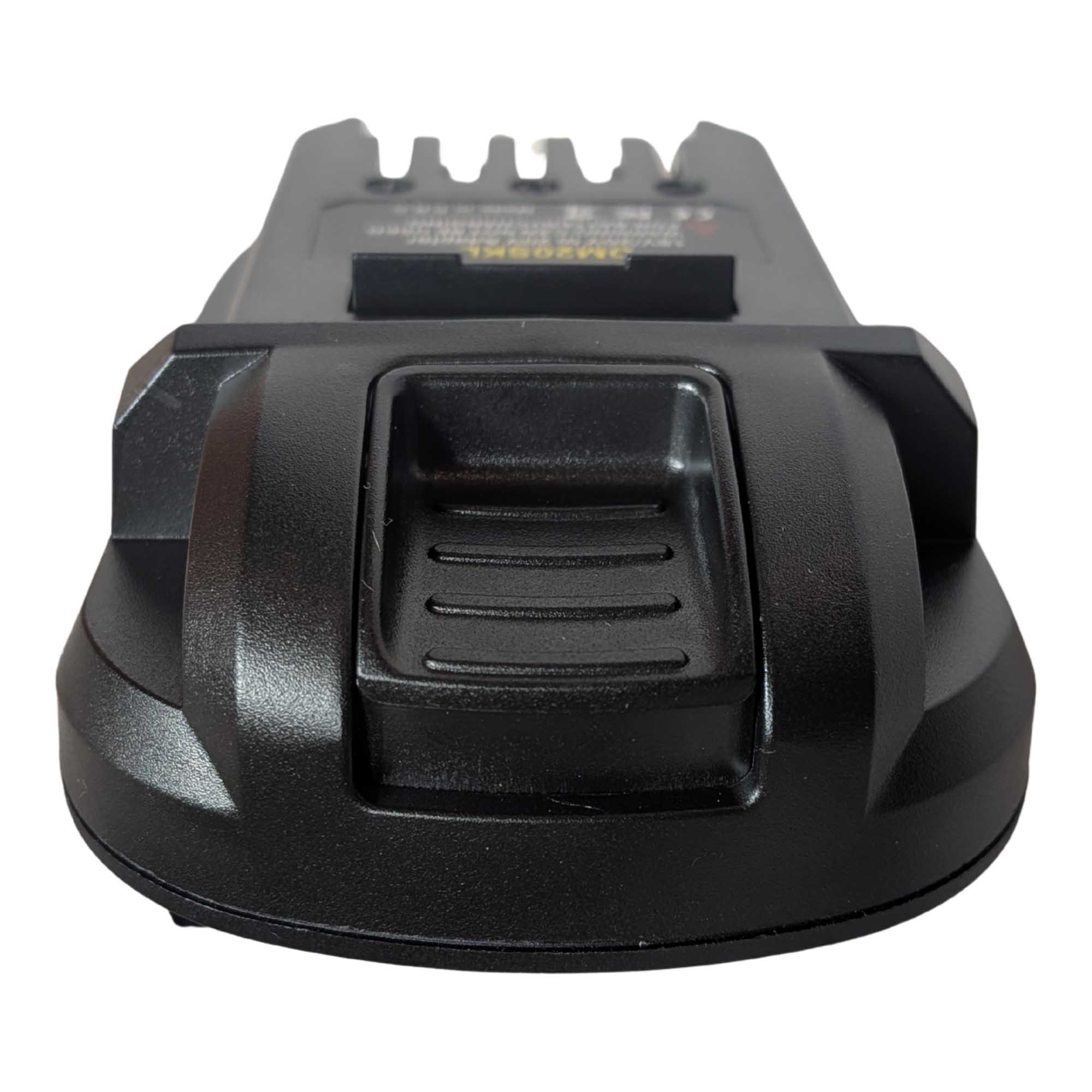 Milwaukee M18 to SKIL 20V PWR CORE battery adapter - front view of the ribbed release catch on the end face