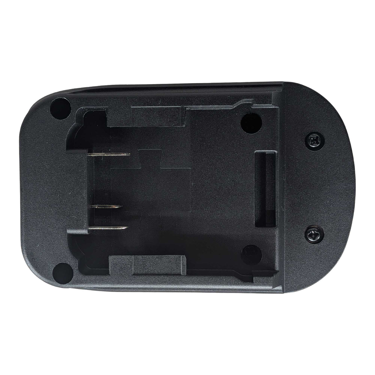 Milwaukee M18 to SKIL 20V PWR CORE battery adapter - stepped battery-side pocket, three terminal blades and a latch slot