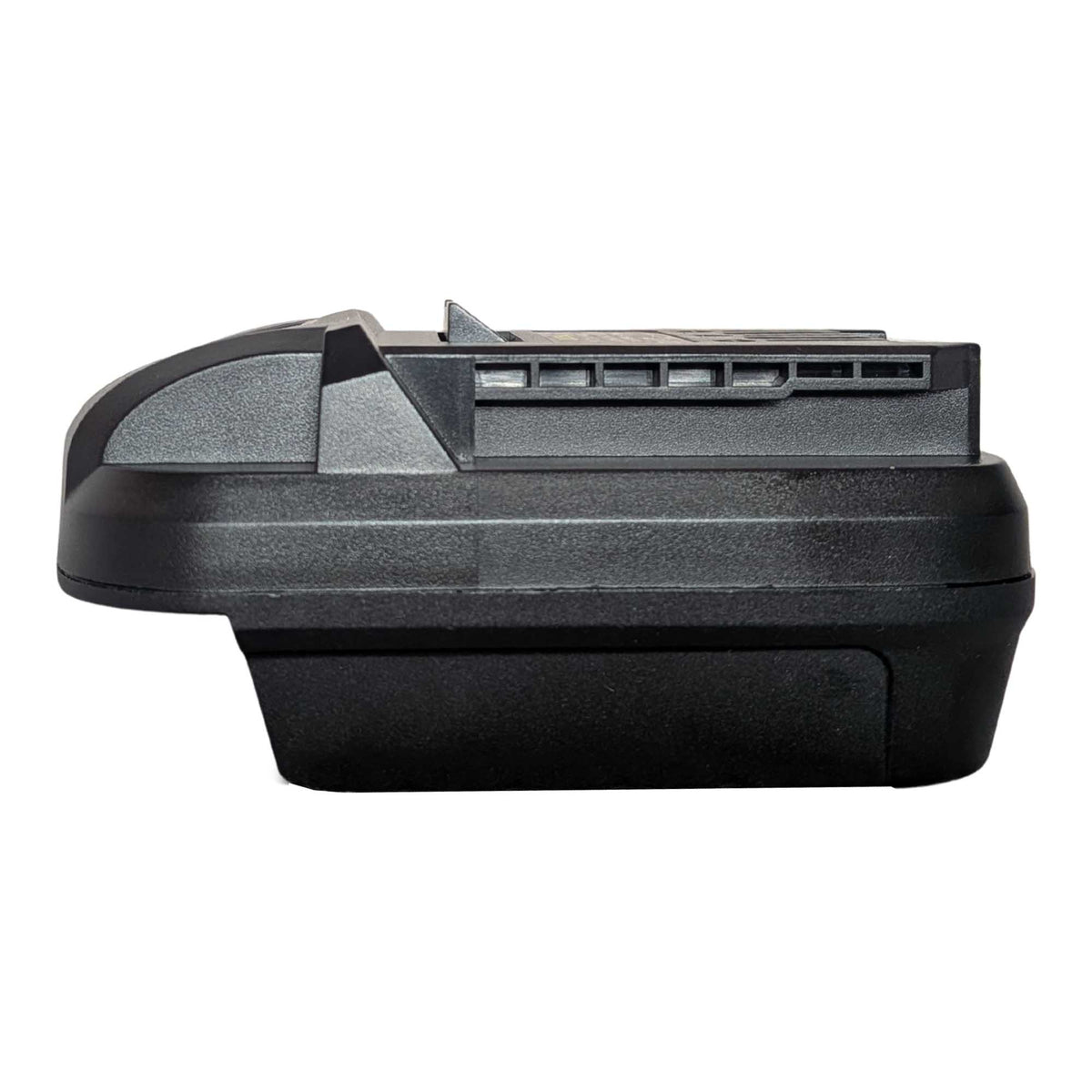 Milwaukee M18 to SKIL 20V PWR CORE battery adapter - side view showing both connections, slots along the SKIL tool-side rail