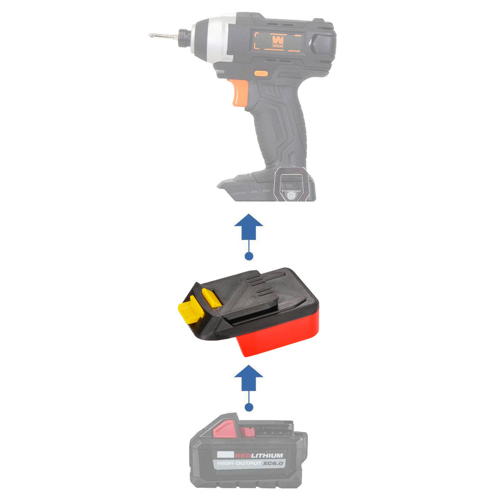 Milwaukee M18 to WEN 20V battery adapter - compatibility diagram showing battery, adapter and impact driver