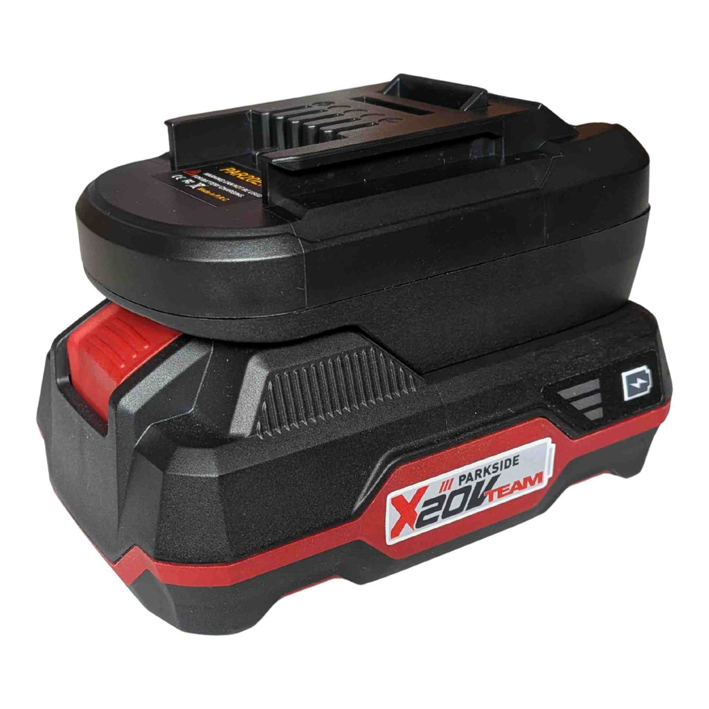 Parkside X20V to Ozito 18V PXC battery adapter - fitted to the Parkside X20V battery, Ozito tool-side connection upward