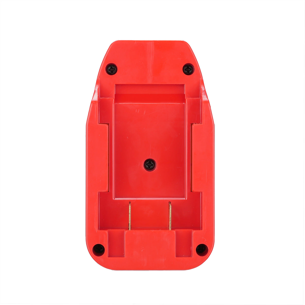 Porter Cable 20V to DeWalt 20V MAX battery adapter - battery-side face from above, twin copper blades and five screws