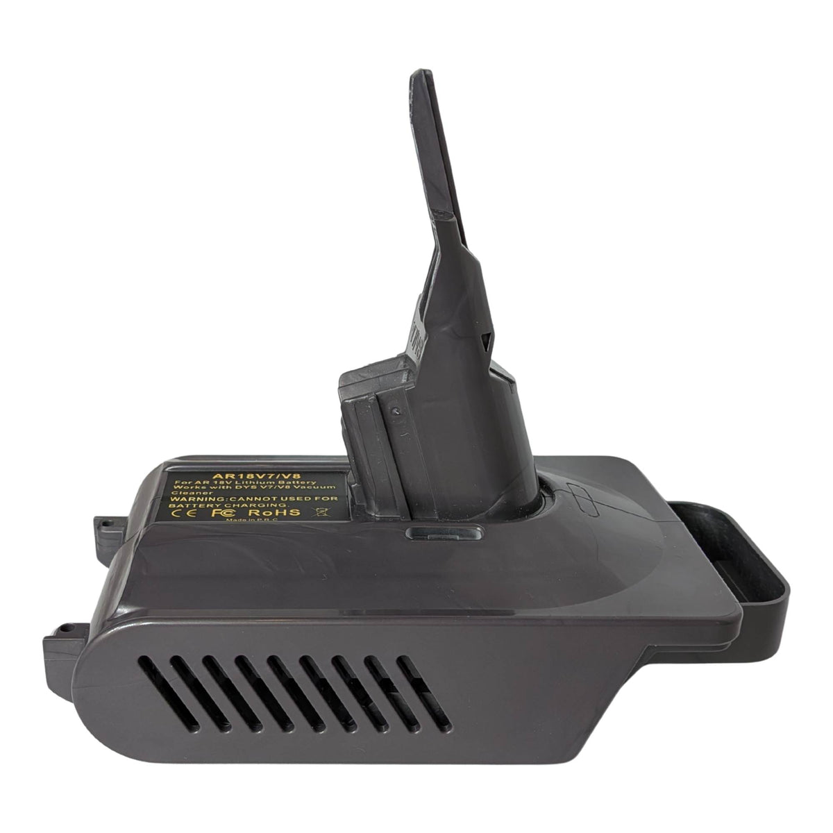 RIDGID 18V to Dyson V8 battery adapter - side view showing the Dyson tool-side stem, vent grille and warning label