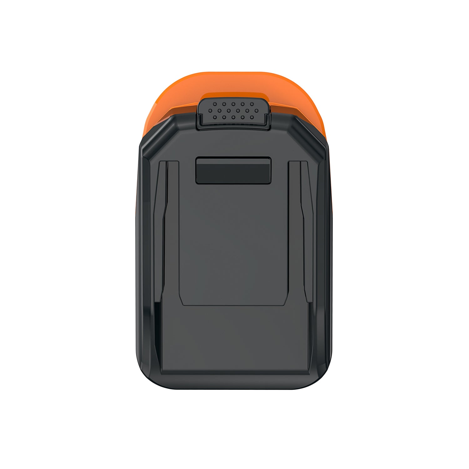 RIDGID 18V to WORX 20V PowerShare (Orange) battery adapter - WORX tool-side connection, front view with the ribbed catch