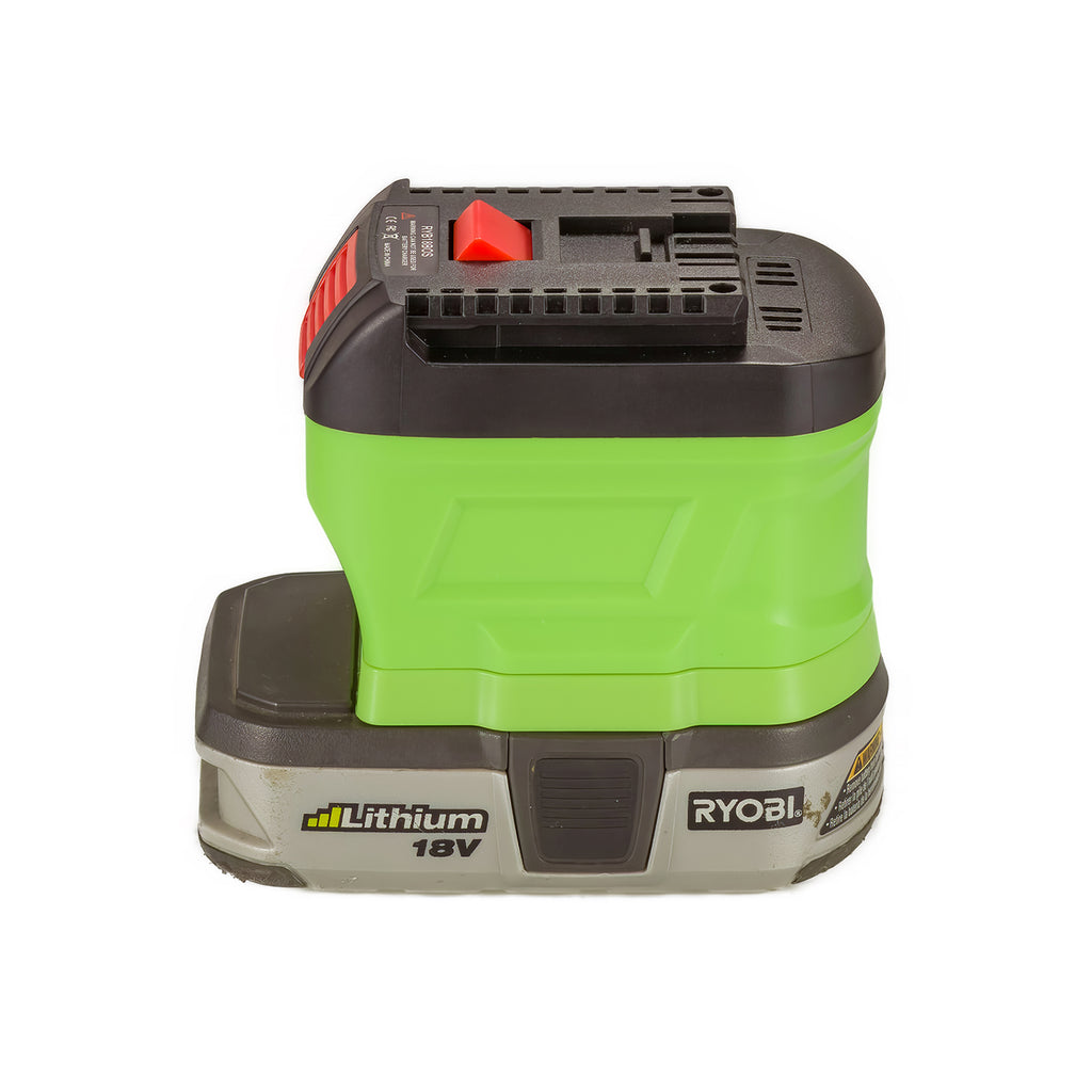 Ryobi 18V ONE+ to Bosch 18V GBA (Blue) battery adapter - fitted to the battery, Bosch tool-side connection upward