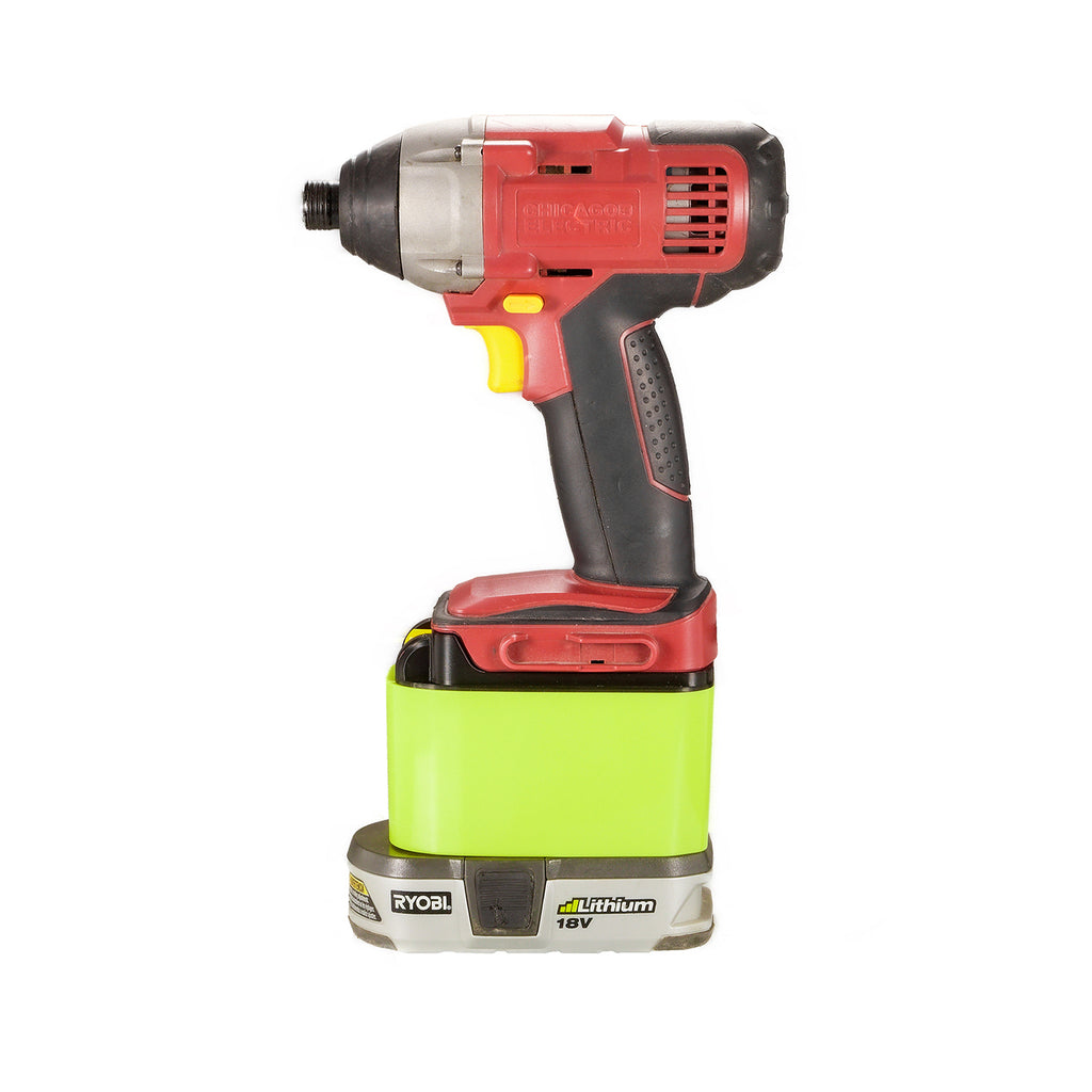 Ryobi 18V ONE+ to Chicago Electric 18V battery adapter - impact driver installed on the adapter, fitted to the battery pack