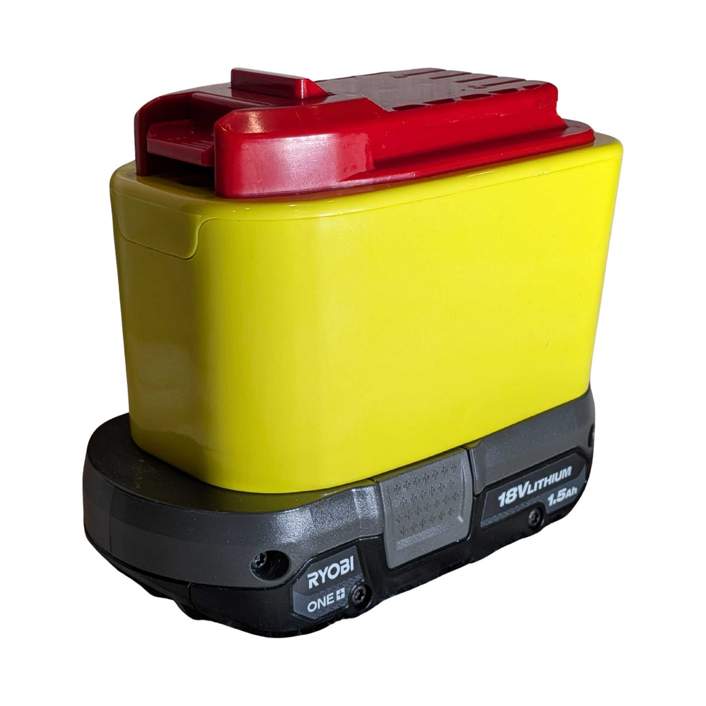Ryobi 18V ONE+ to Craftsman 20V battery adapter - fitted to the Ryobi 18V ONE+ battery, red tool-side connection facing up
