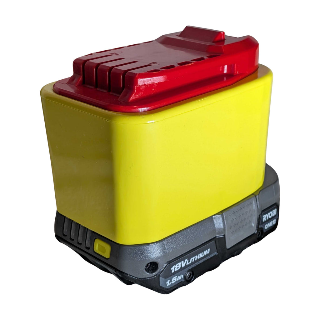 Ryobi 18V ONE+ to Craftsman 20V battery adapter - fitted to the Ryobi 18V ONE+ battery, red tool-side connection facing up