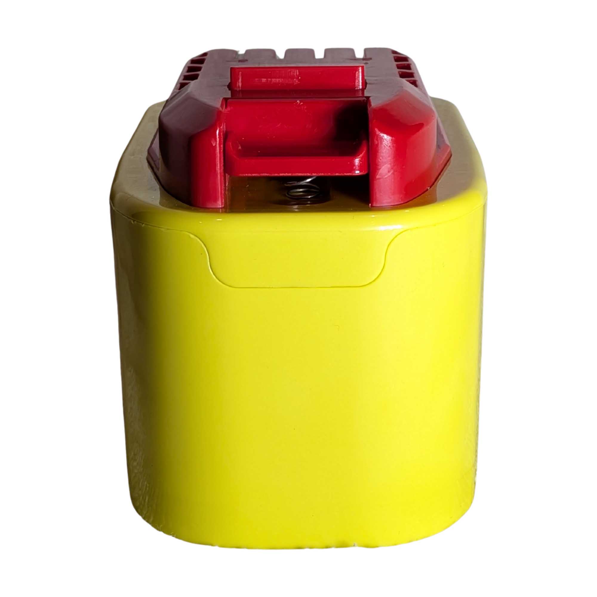 Ryobi 18V ONE+ to Craftsman 20V battery adapter - end view of the red Craftsman tool-side rail, spring in the channel