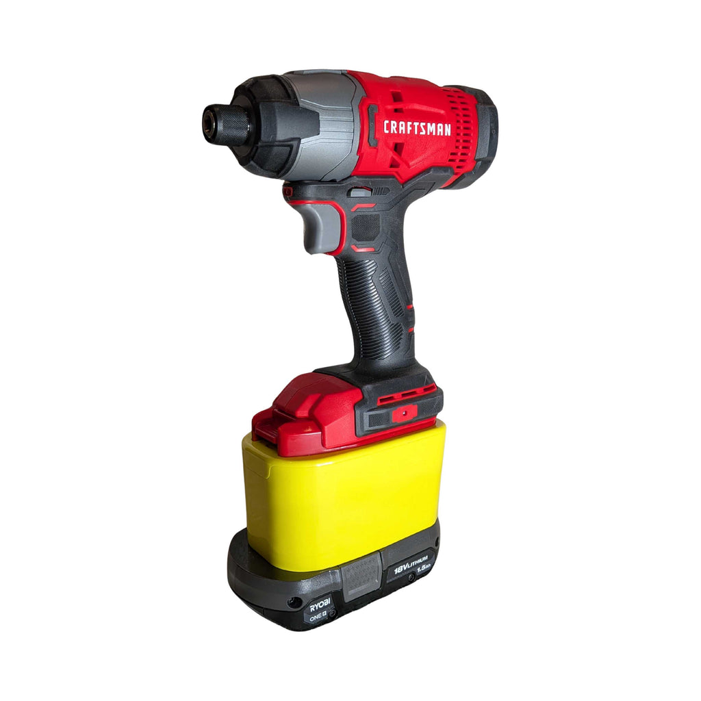 Ryobi 18V ONE+ to Craftsman 20V battery adapter - installed on an impact driver with the battery below, front view