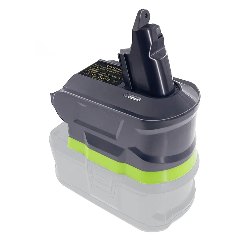 Ryobi 18V ONE+ to Dyson V6 battery adapter - fitted to the Ryobi 18V ONE+ battery, tool-side stem upward