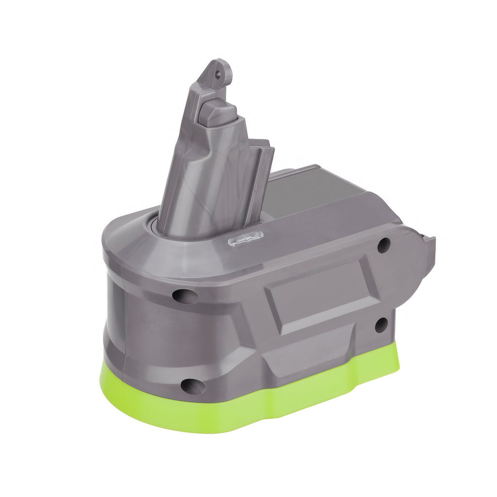 Ryobi 18V ONE+ to Dyson V6 battery adapter - tool-side stem above the body, product label on the shoulder