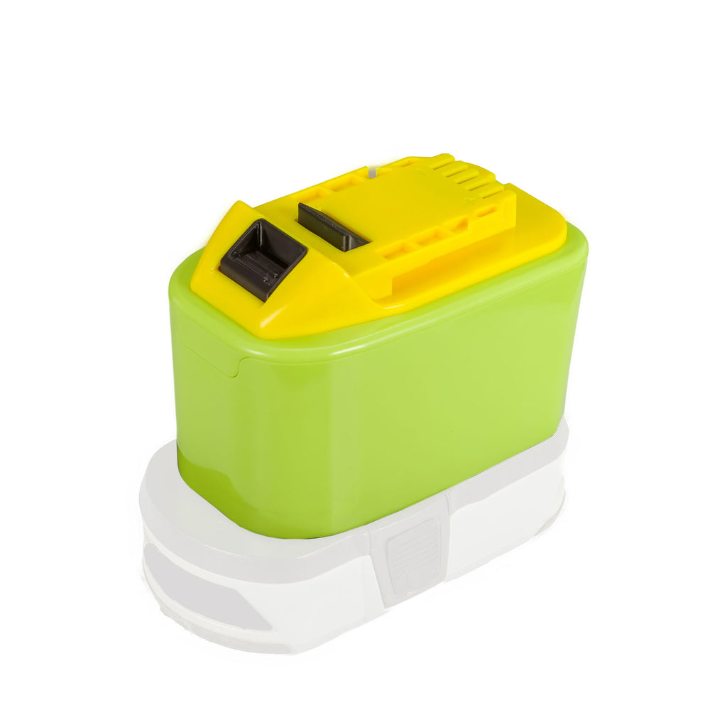 Ryobi 18V ONE+ to Hercules 20V battery adapter - seated on a blank unbranded battery pack, tool-side connection upward