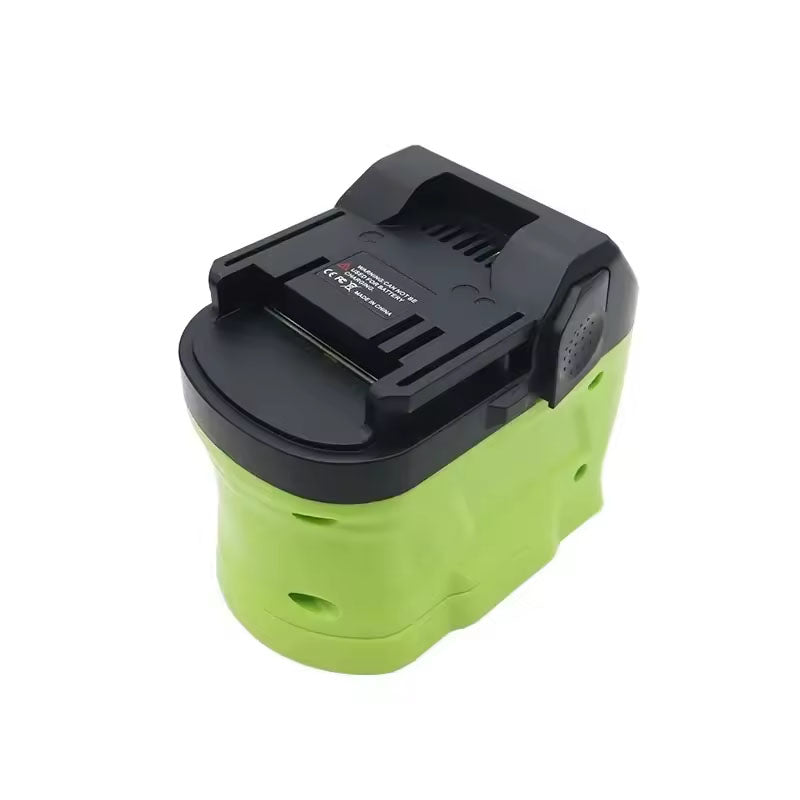 Ryobi 18V ONE+ to Hikoki 18V battery adapter - three-quarter view, Hikoki tool-side connection and warning label