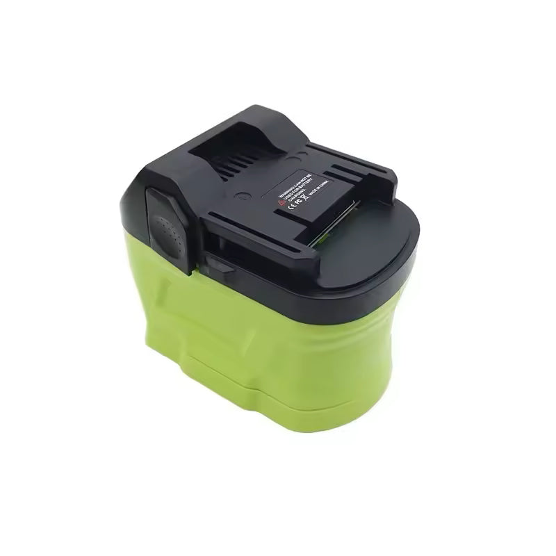 Ryobi 18V ONE+ to Metabo HPT 18V battery adapter - three-quarter view, Metabo HPT tool-side connection, dimpled release pad