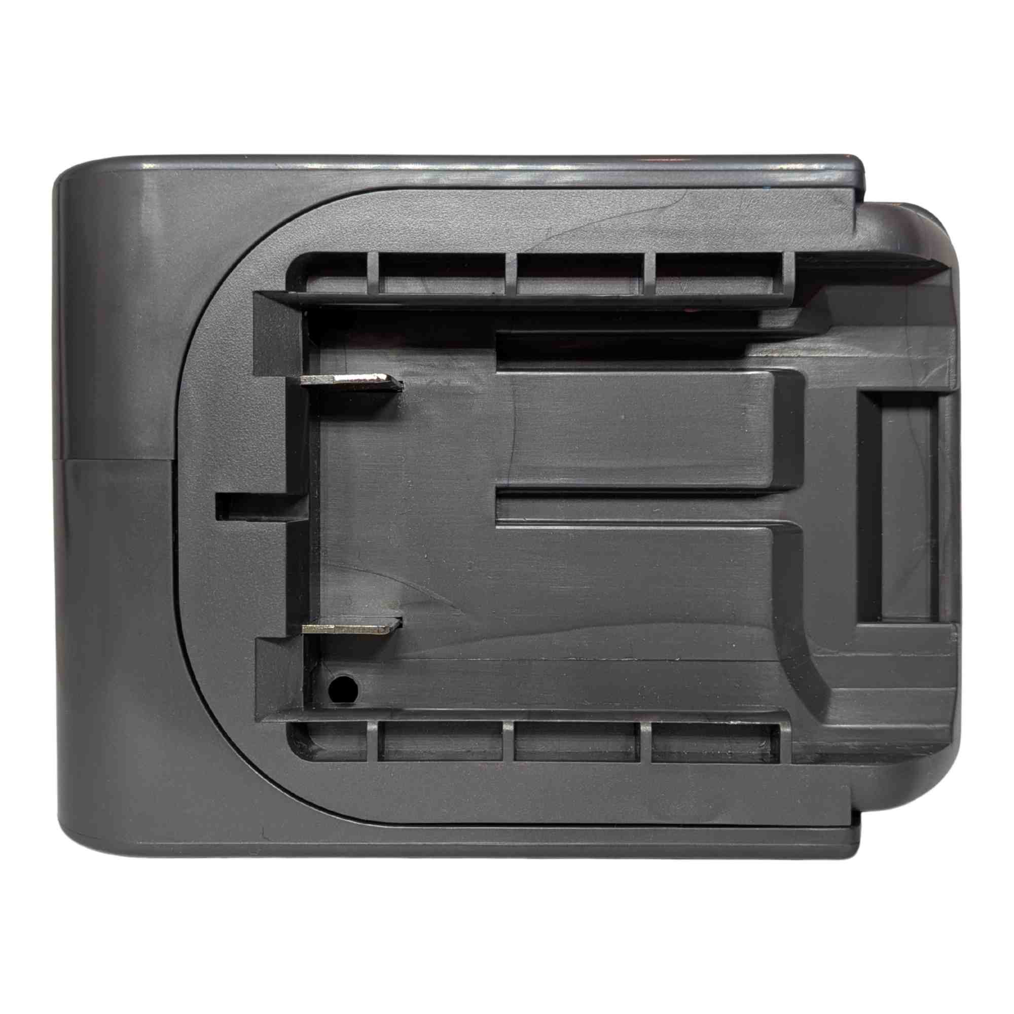 Stanley V20 to Dyson V6 battery adapter - battery-side connection square on, twin copper blades in the ribbed channel