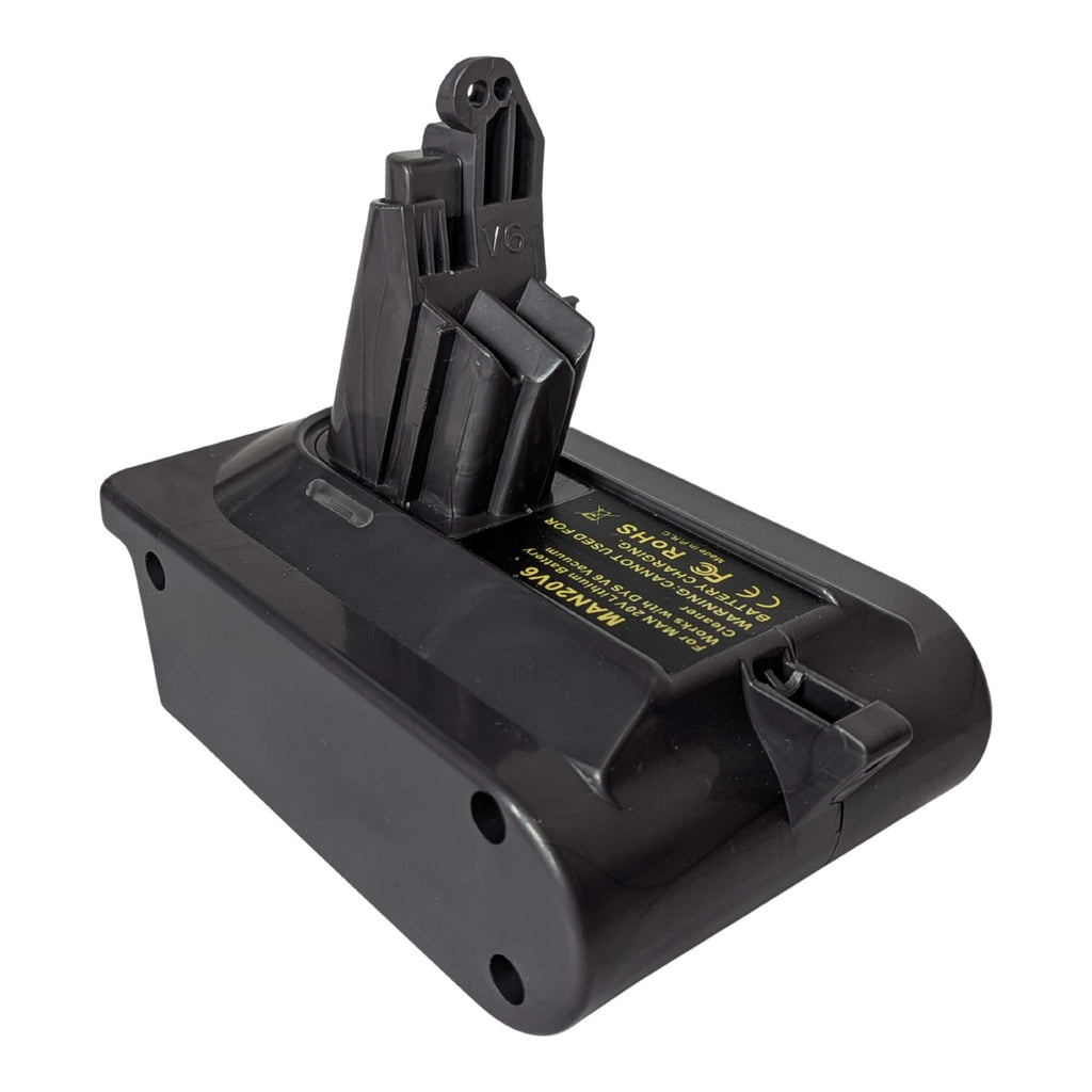 Stanley V20 to Dyson V6 battery adapter - Dyson tool-side stem seen from the rear, warning label and the base screw holes