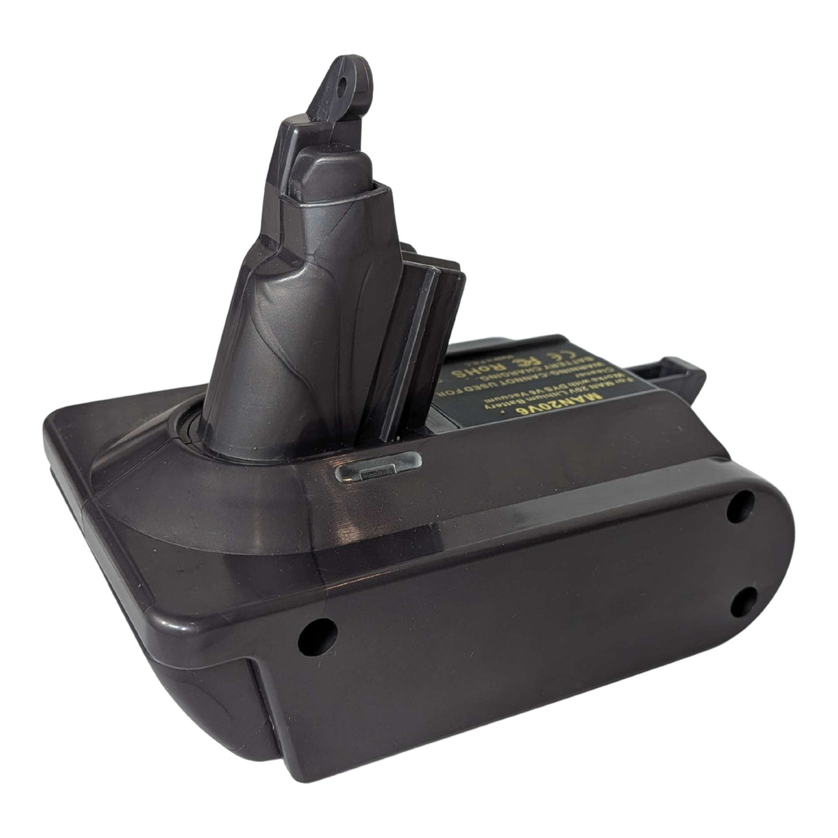 Stanley V20 to Dyson V6 battery adapter - Dyson tool-side stem seen from the rear, warning label and the base screw holes