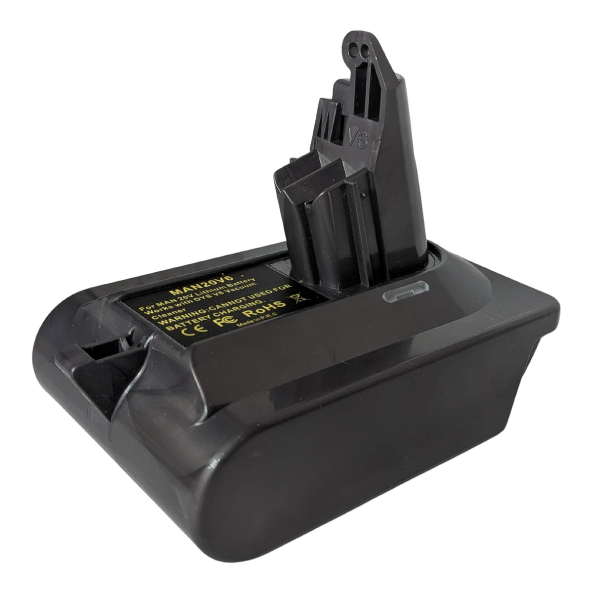 Stanley V20 to Dyson V6 battery adapter - Dyson tool-side stem upright with its hook, warning label on the top face