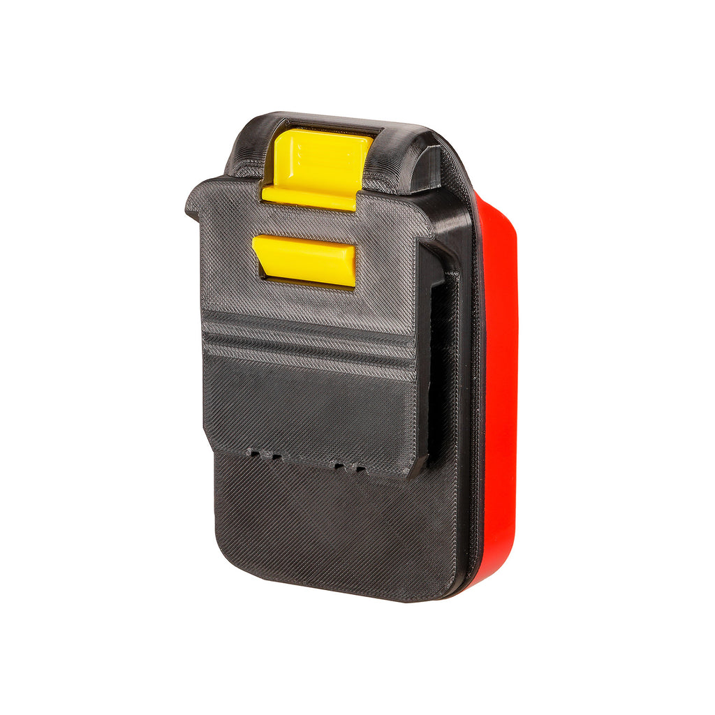 Stanley FATMAX V20 to Chicago Electric 18V battery adapter - tool-side connection, release button and catch above the guide grooves