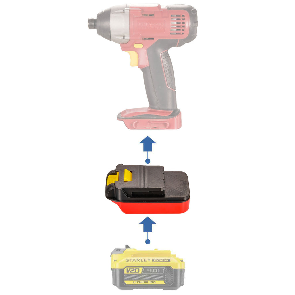 Stanley FATMAX V20 to Chicago Electric 18V battery adapter - compatibility diagram showing battery, adapter and impact driver