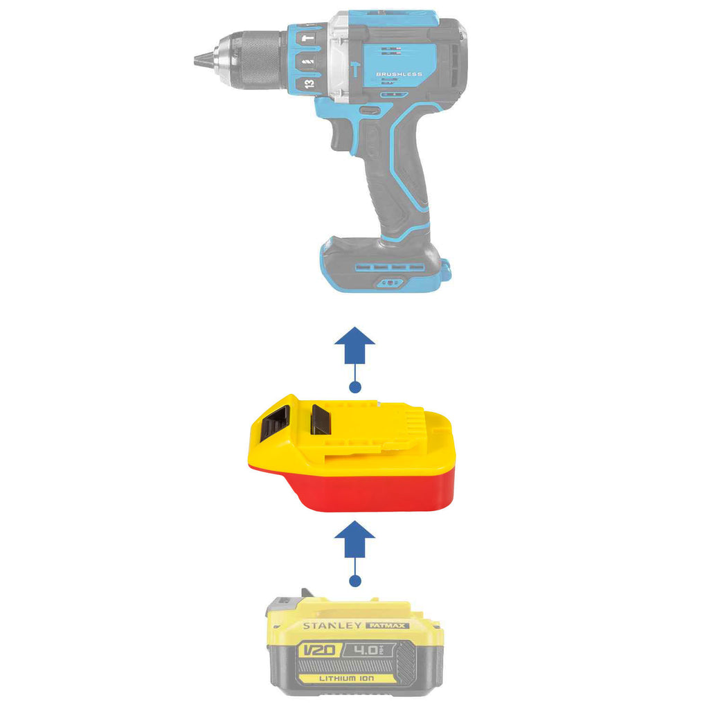 Stanley V20 to Hercules 20V battery adapter - compatibility diagram showing battery, adapter and hammer drill